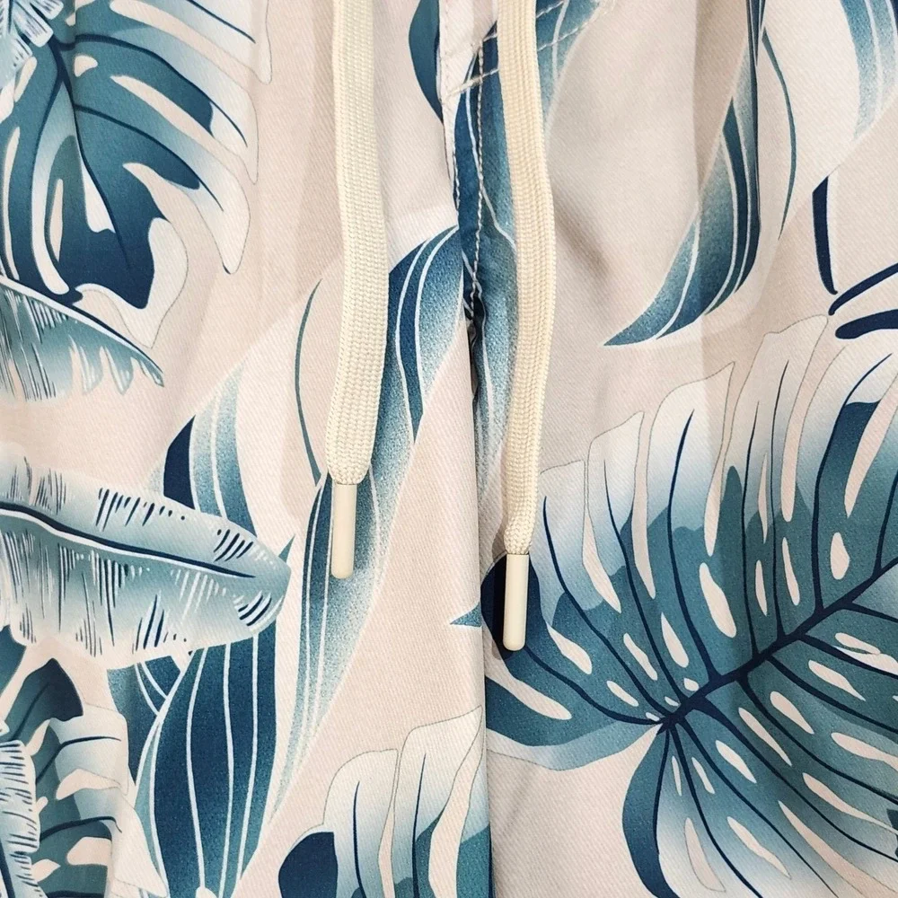 Hurley Lined Swim Trunks Mens Large Tropical‎ Palm Leaf Print Green Cream Shorts